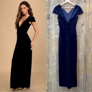 Navy Blue Velvet Deep V-Neck Cap-sleeve Maxi Dress 🌿